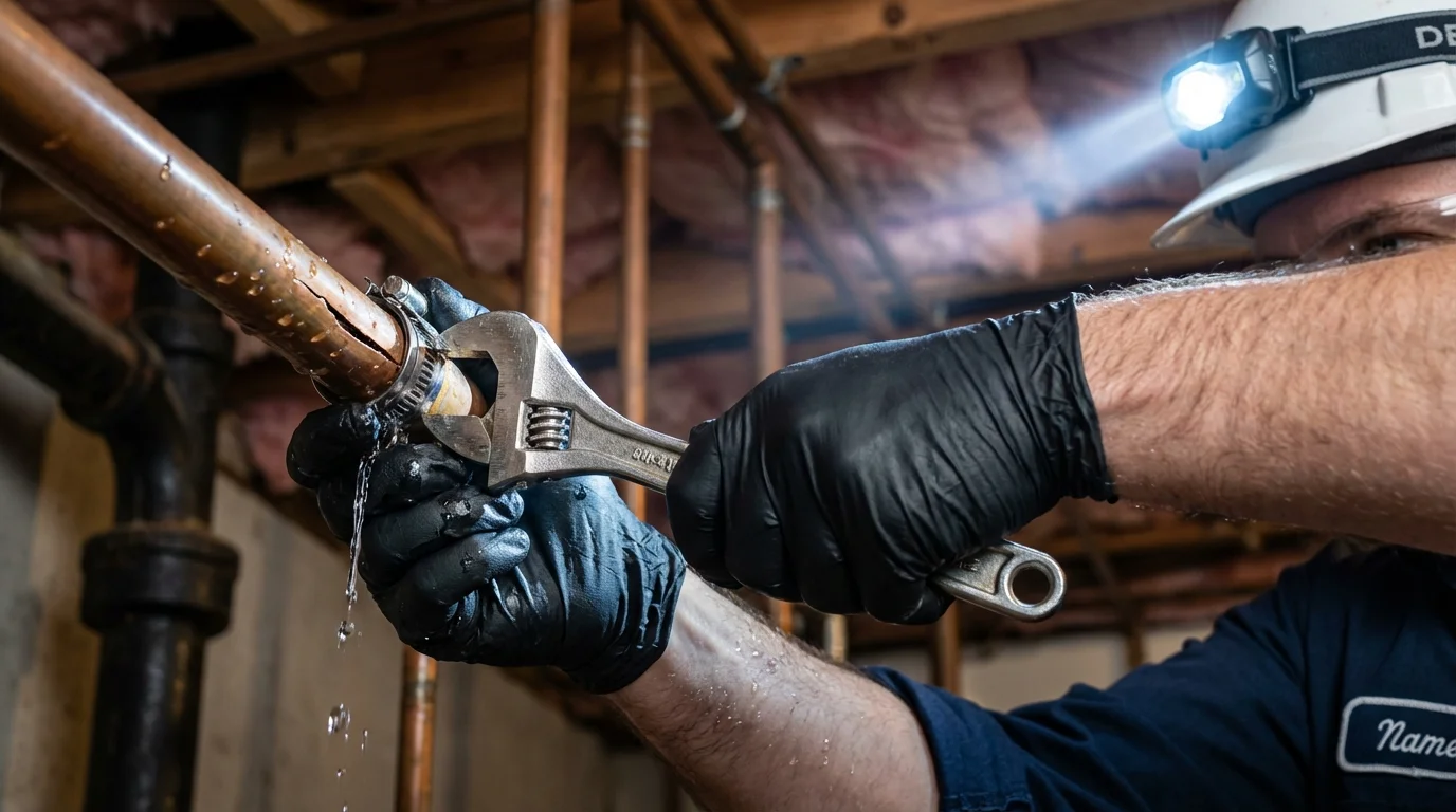 Emergency pipe clamp repair being performed by a Johns Plumbing LLC plumber in Okmulgee