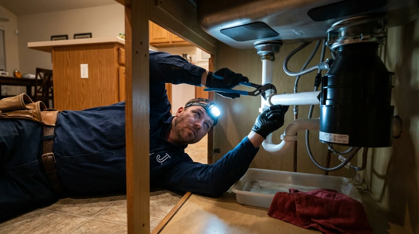 P-trap and supply line connections under a kitchen sink showing a common leak point in Okmulgee, OK